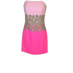 Lilly Pulitzer Kade Pink Barbie Strapless Dress With Gold Lace Accent & Back Zip